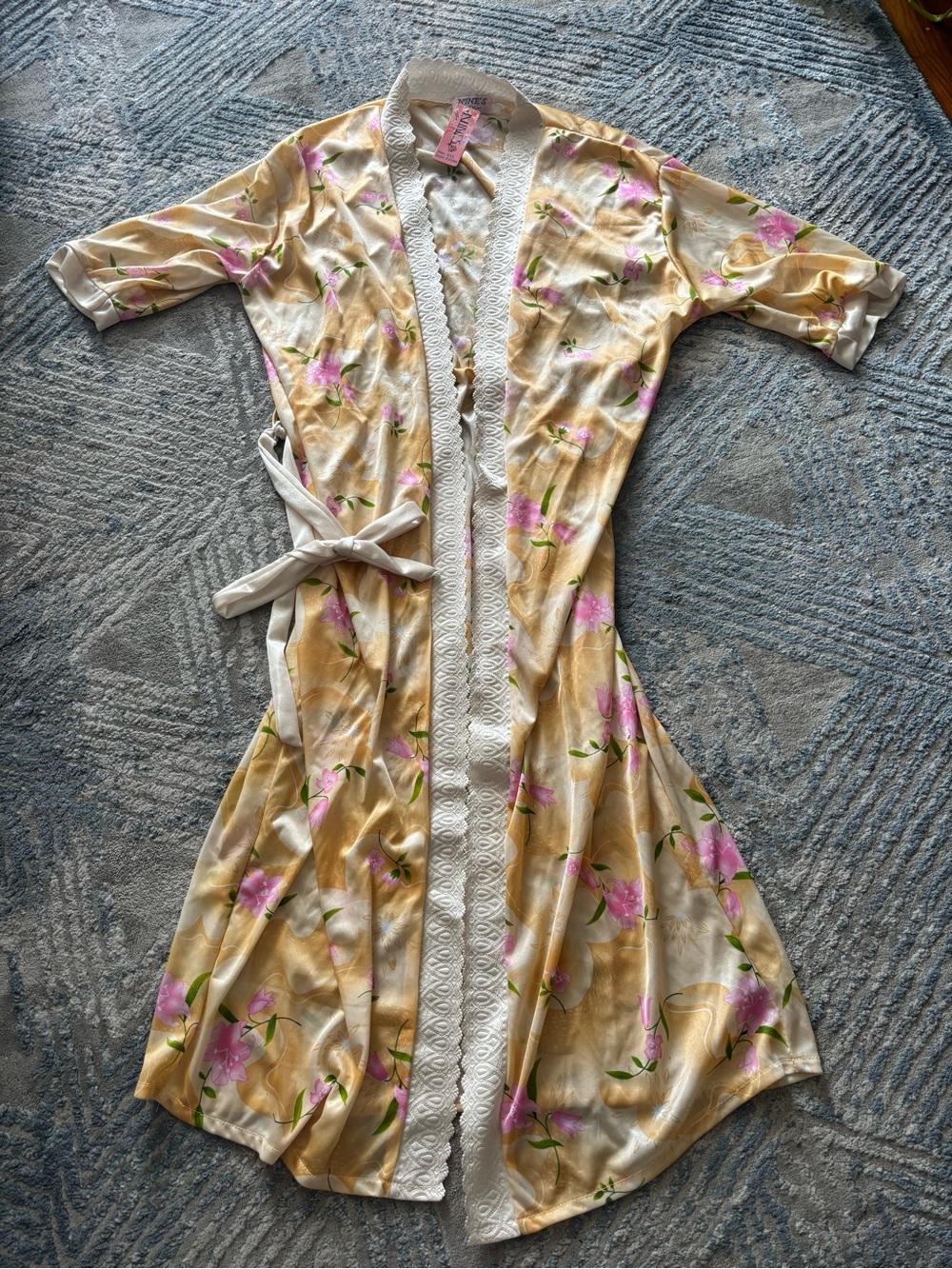 Floral Satin Robe with Lace Trim - Yellow & Pink